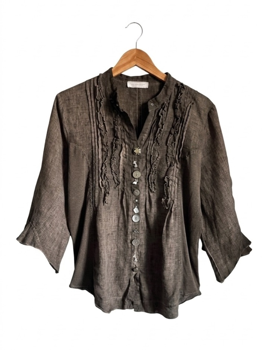 Elisa Cavaletti Ruffled Linen Blend Blouse Taupe Grey Made in Italy XL Art Wear